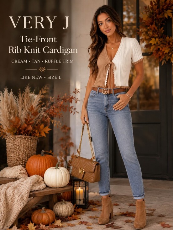 Very J Sweaters - Tie-Front Rib Knit Cardigan | Cream Tan Ruffle Trim | L |Like New